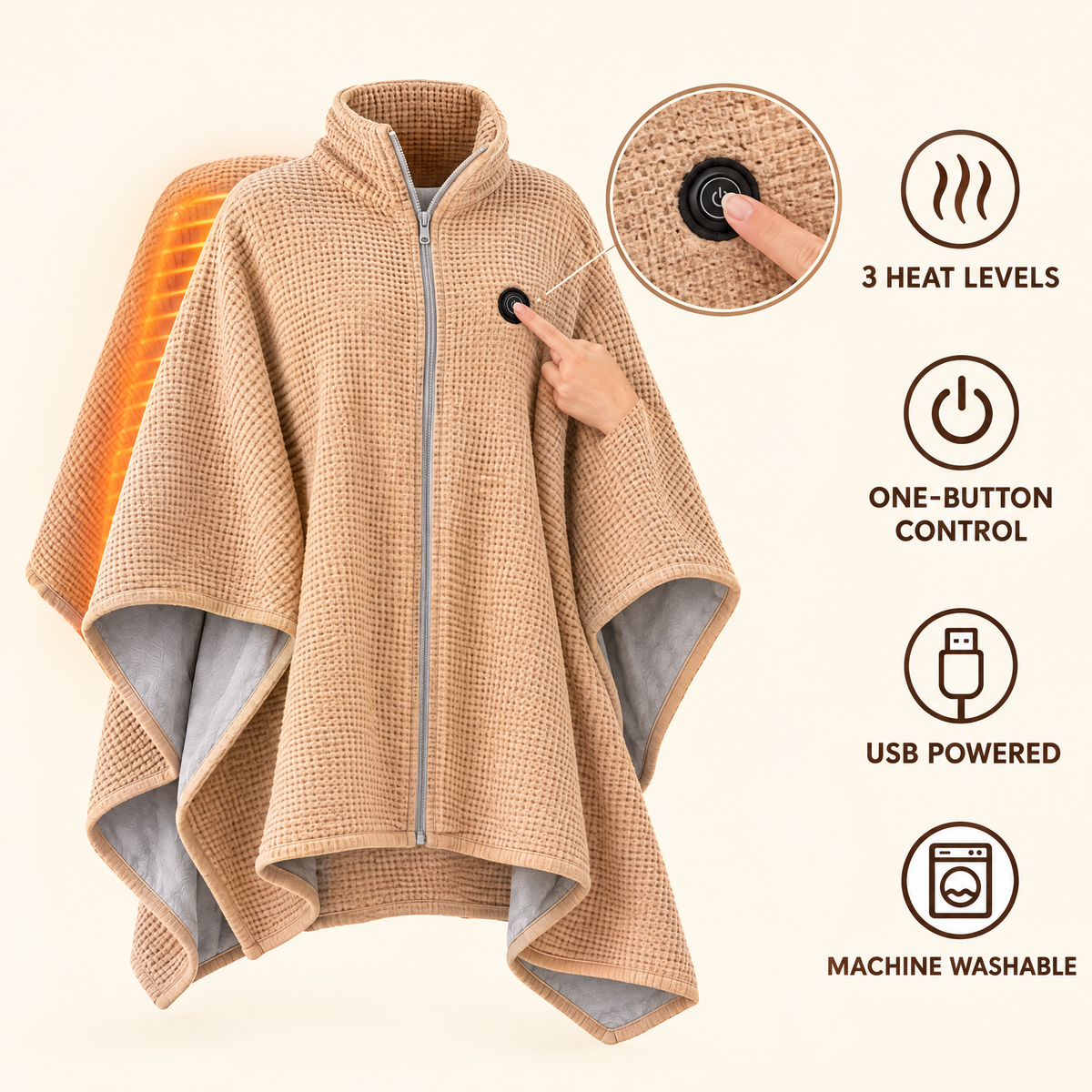 3 heat levels, one-button control, USB powered, machine washable