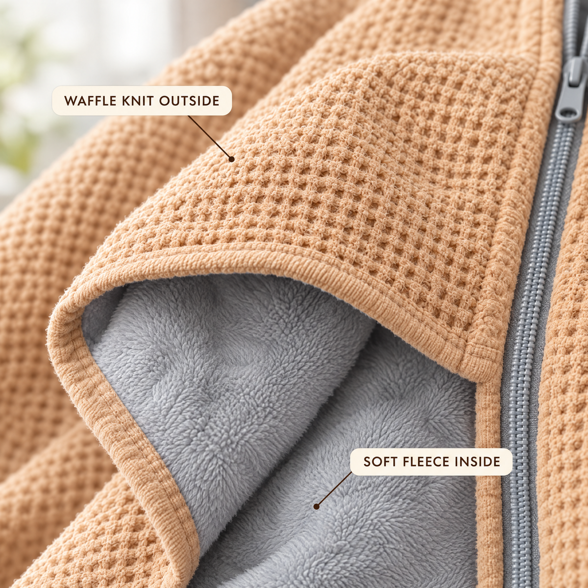 Close-up of the waffle knit outside and soft fleece lining inside