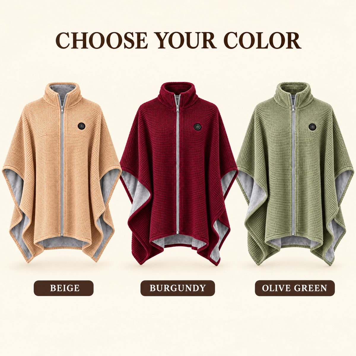 Cloakly heated cape in beige, burgundy and olive green