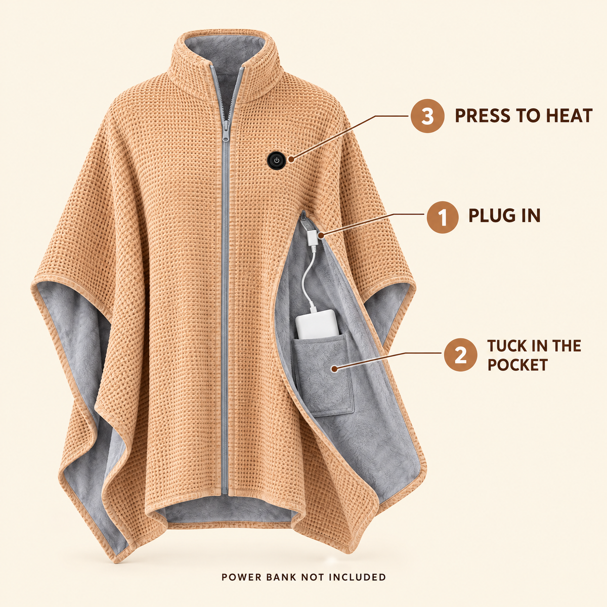 How the Cloakly cape connects: plug in, tuck the power bank in the inside pocket, press to heat